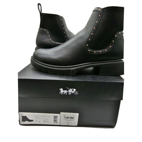 Coach NEW Lory Leather Bootie Womens Size 7 Black Studded Ankle Boots - Picture 1 of 14